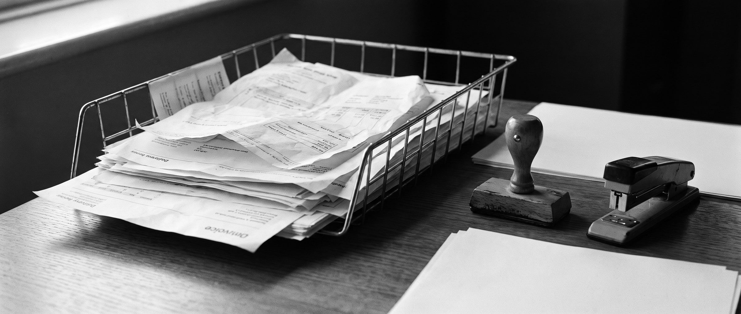 Een overvol postbakje met papieren facturen, een stempel en een nietmachine