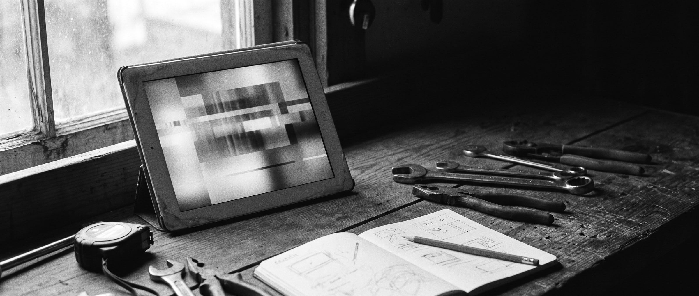 Een tablet op een werkbank in een werkplaats, met gereedschap en een notitieboek eromheen